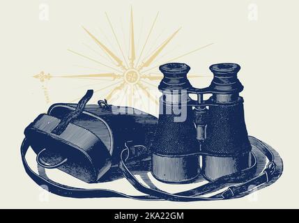 Field and Marine binoculars, 1904 engraving. Vintage vector illustration. Highly detailed. Stock Vector