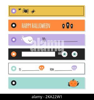 Happy Halloween printable stationery set. Horizontal gift tags collection. Original labels templates to print and cut. Vector illustration, flat desig Stock Vector