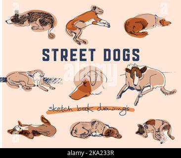 Drawings of street dogs of different breeds. Sketchbook freehand drawing. Man’s best friend. Stock Vector