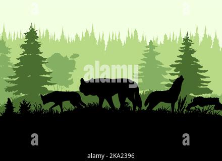 Pack of wolves at edge of coniferous forest in taiga. Silhouette picture. Wild animal in nature. Predator in natural conditions. Vector. Stock Vector