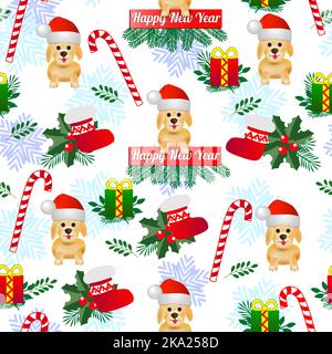 Christmas pattern. Illustration for textile. Seamless pattern for New Year. Bright illustration with dog, Santa Claus. Holiday pattern. Stock Photo