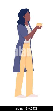 Lady with mug of hot beverage semi flat color vector character Stock Vector