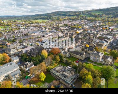 Aerial view of Otley Police Station and primary school in rural town in ...