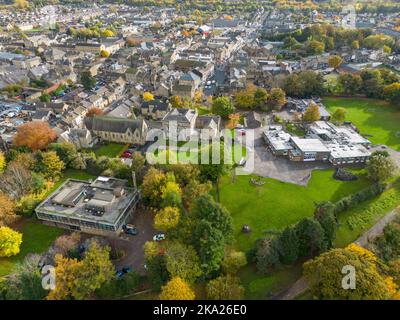 Aerial view of Otley Police Station and primary school in rural town in Leeds Stock Photo