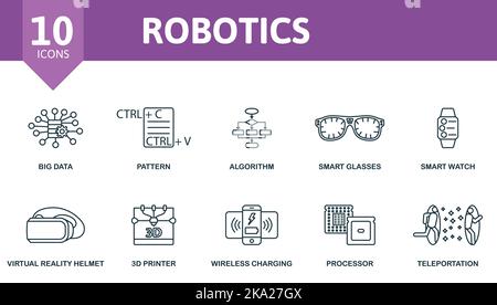 Robotics icon set. Monochrome simple Robotics icon collection. Big Data, Pattern, Algorithm, Smart Glasses, Smart Watch, Virtual Reality Helmet, 3D Stock Vector