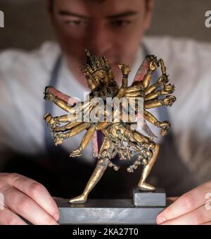 Bonhams, London, UK. 31 October 2020. Asian Art Week auction runs from 31 Oct-1 Nov 2022. Image: Gilt-Bronze figure of Chakrasamvara, 14th/15th century, estimate GBP20,000-30,000. Credit: Malcolm Park/Alamy Live News Stock Photo