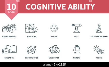 Cognitive Ability icon set. Monochrome simple Cognitive Ability icon collection. Brainstorming, Solutions, Focus, Skill, Solve The Problem, Education Stock Vector