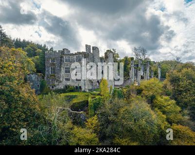 Autumn over Berry Pomeroy Castle from a drone, Totnes Devon, England