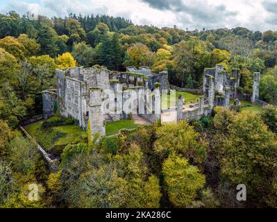 Autumn over Berry Pomeroy Castle from a drone, Totnes Devon, England