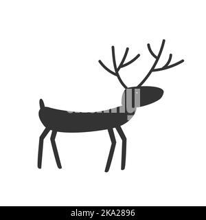 Funny running deer with antlers in simple tribal style. Isolated vector illustration. Hand drawn doodle sketch. Black silhouette on white background. Stock Vector