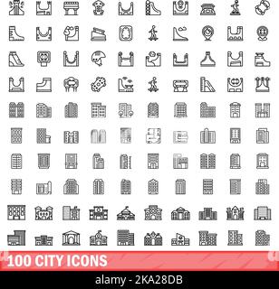 100 city icons set. Outline illustration of 100 city icons vector set isolated on white background Stock Vector