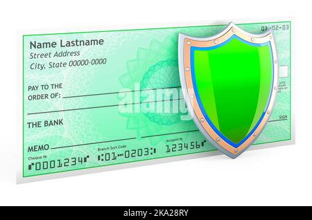 Bank check with shield, 3D rendering isolated on white background Stock Photo