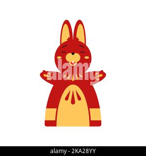 Rabbit mascot Chinese New Year 2023 ornamental icon vector flat illustration. Bunny hare Japanese lunar symbol culture folk festive decor design Asian Stock Vector