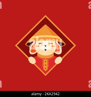 Chinese rabbit New Year lunar calendar mascot rhombus geometric frame icon vector illustration. Asian bunny hare in cone hat ethnic traditional costum Stock Vector