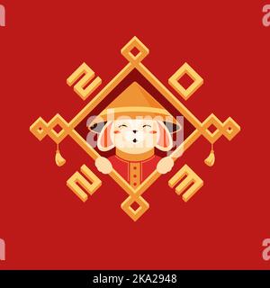 Chinese New Year 2023 Asian rabbit in cone hat at geometric frame isometric greeting card vector illustration. Oriental holiday congratulations rhombu Stock Vector