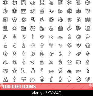 100 diet icons set. Outline illustration of 100 diet icons vector set isolated on white background Stock Vector