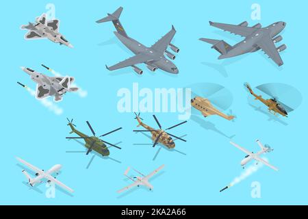 Isometric Military Aviation Air Force Set collection. Modern military jet for heavy cargo. Transport helicopter. Military airplane at flying. Military Stock Vector