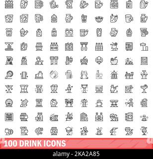 100 drink icons set. Outline illustration of 100 drink icons vector set isolated on white background Stock Vector