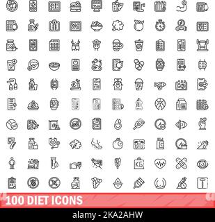 100 diet icons set. Outline illustration of 100 diet icons vector set isolated on white background Stock Vector