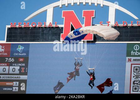 October 29, 2022 - Lincoln, NE. U.S. United States Air Force sky divers preform before the start of a NCAA Division 1 football game between Illinois Fighting Illini and the Nebraska Cornhuskers at Memorial Stadium in Lincoln, NE. .Illinois won 26-9.Attendance: 86,691.387th consecutive sellout.Michael Spomer/Cal Sport Media Stock Photo