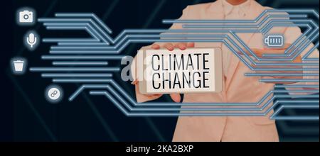 Text caption presenting Climate Change. Word for Programs used in Storing Accessing data over the internet Man With Tablet Displaying S And Glowing Stock Photo