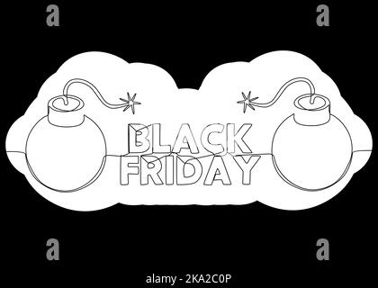 One continuous line of Black Friday text with bombs. Thin Line Illustration vector concept. Contour Drawing Creative ideas. Stock Vector