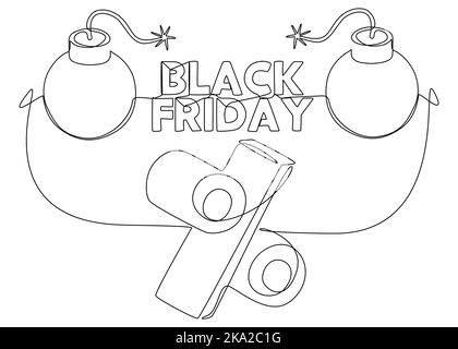 One continuous line of Black Friday text with bomb and percentage sign. Thin Line Illustration vector concept. Contour Drawing Creative ideas. Stock Vector