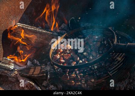 Chestnuts roasting on a brazier over an open fire Stock Photo