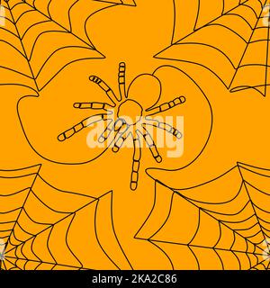Abstract Seamless pattern of one continuous line Spider and Spider web. Thin Line Illustration vector concept. Contour Drawing Creative ideas. Stock Vector