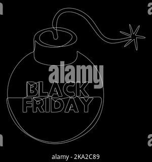 One continuous line of Black Friday text with bombs. Thin Line Illustration vector concept. Contour Drawing Creative ideas. Stock Vector