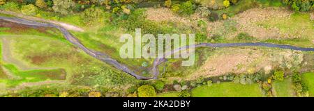 Aerial, panoramic view of River Washburn meander in North Yorkshire Stock Photo