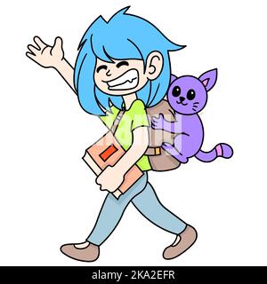 A vector of a student young woman carrying books to school with her pet cat, doodle icon image kawaii Stock Vector