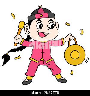 An illustration of a woman playing the gong isolated on a white background Stock Vector