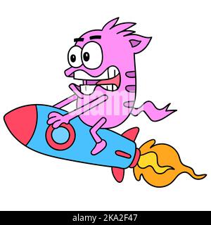 An illustration of a pink monster sitting on a rocket icon design isolated on a white background Stock Vector