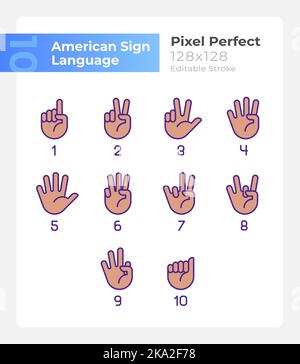 Digits in American sign language pixel perfect RGB color icons set Stock Vector