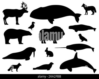 Set of arctic animals silhouettes. Vector illustration set of black silhouettes of northern polar arctic animals isolated on white background. Side vi Stock Vector