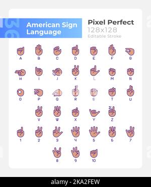 American sign language pixel perfect RGB color icons set Stock Vector