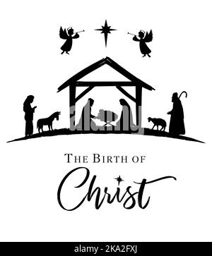 The Birth of Christ, Christmas nativity scene in black color. Shepherd,  Mary, Joseph and baby Jesus in manger in silhouette with Bethlehem star Stock Vector
