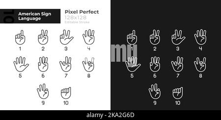 Digits in American sign language pixel perfect linear icons set for dark mode Stock Vector