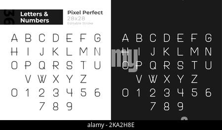 Numbers and letters pixel perfect linear icons set for dark, light mode Stock Vector