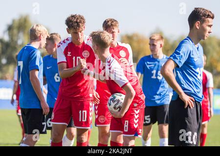 Buftea, Romania, 29th October 2022. Amin Chiakha of Denmark reatcs during the UEFA Under-17 Men European Championship Qualifier match between Denmark and Estonia at Football Centre FRF in Buftea, Romania. October 29, 2022. Credit: Nikola Krstic/Alamy Stock Photo