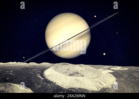 View of Saturn from one of its moons, craters and rock conformations. Exploration around the planet. Solar system. 3d render Stock Photo