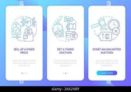 Ways of selling NFTs blue gradient onboarding mobile app screen Stock Vector