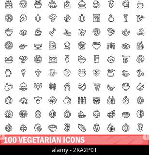 100 vegetarian icons set. Outline illustration of 100 vegetarian icons vector set isolated on white background Stock Vector