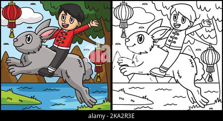 Boy Riding Rabbit Coloring Page Illustration Stock Vector