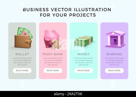 Business 3D objects for banners. Wallet with cash, piggy bang with percentage sign, wad of money and bank building icon. Investment and finance concep Stock Vector