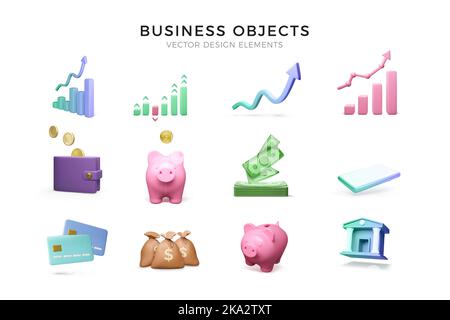 3D Business icons set. Chart growth with arrows symbol, wallet and piggy bank, wad of paper currency and credit card, money bag and mobile phone. Vect Stock Vector