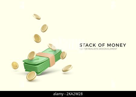 Green dollars pack with gold coins. 3D render bunch of money in realistic cartoon style. Wad of cash for business banner and template. Vector illustra Stock Vector