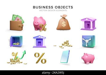 3D render business icons set. Wallet and piggy bank with gold percent, stack of coins and strong box, money bag and mobile phone. Bank icon. Vector il Stock Vector