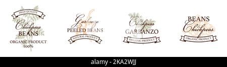 Set of hand drawn vintage chickpeas logo templates. Vector illustration in sketch stile. Botany design isolated on white Stock Vector